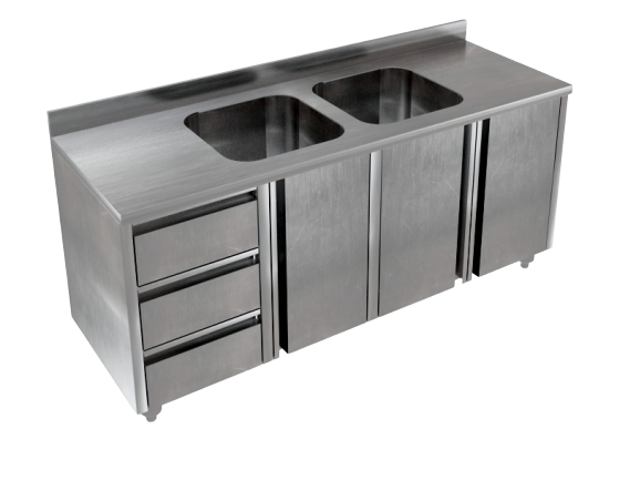 Stainless Steel Double Bowl Sink Cabinet With 3 Drawer Unit