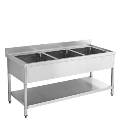 Stainless Steel Triple Bowl Sink Table With Under Shelf