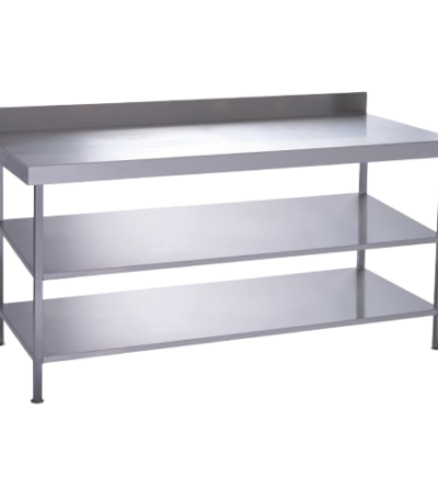 Stainless Steel Work Table With Middle And Under Shelf And Backsplash