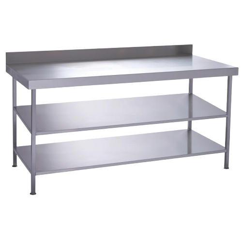 Stainless Steel Work Table With Middle And Under Shelf And Backsplash